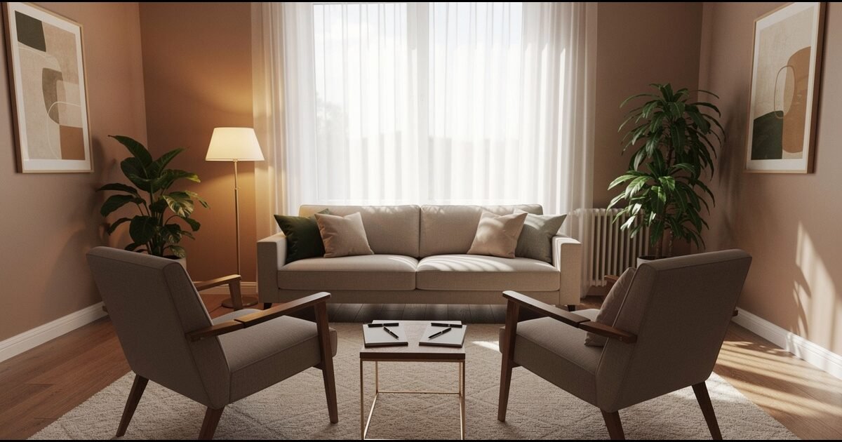 Warm therapy office with two armchairs representing CBT vs traditional talk therapy comparison