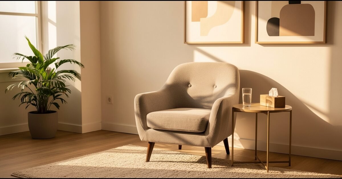 Warm and inviting therapy office setting with cozy armchair and soft natural lighting representing DBT for depression treatment at Abalance Counseling