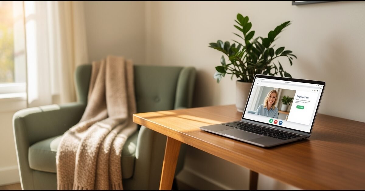 Cozy home teletherapy setup with laptop on desk showing a therapy video call, warm and inviting atmosphere