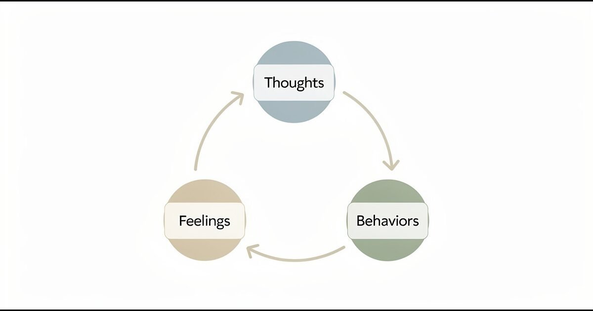 How CBT works — the cognitive model triangle showing the connection between thoughts, feelings, and behaviors