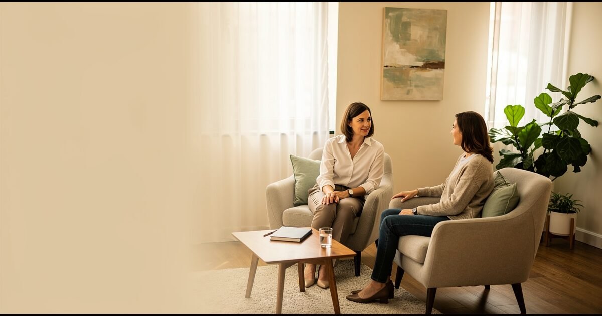 A warm therapy office scene with a therapist and client in comfortable chairs, representing cognitive behavioral therapy sessions