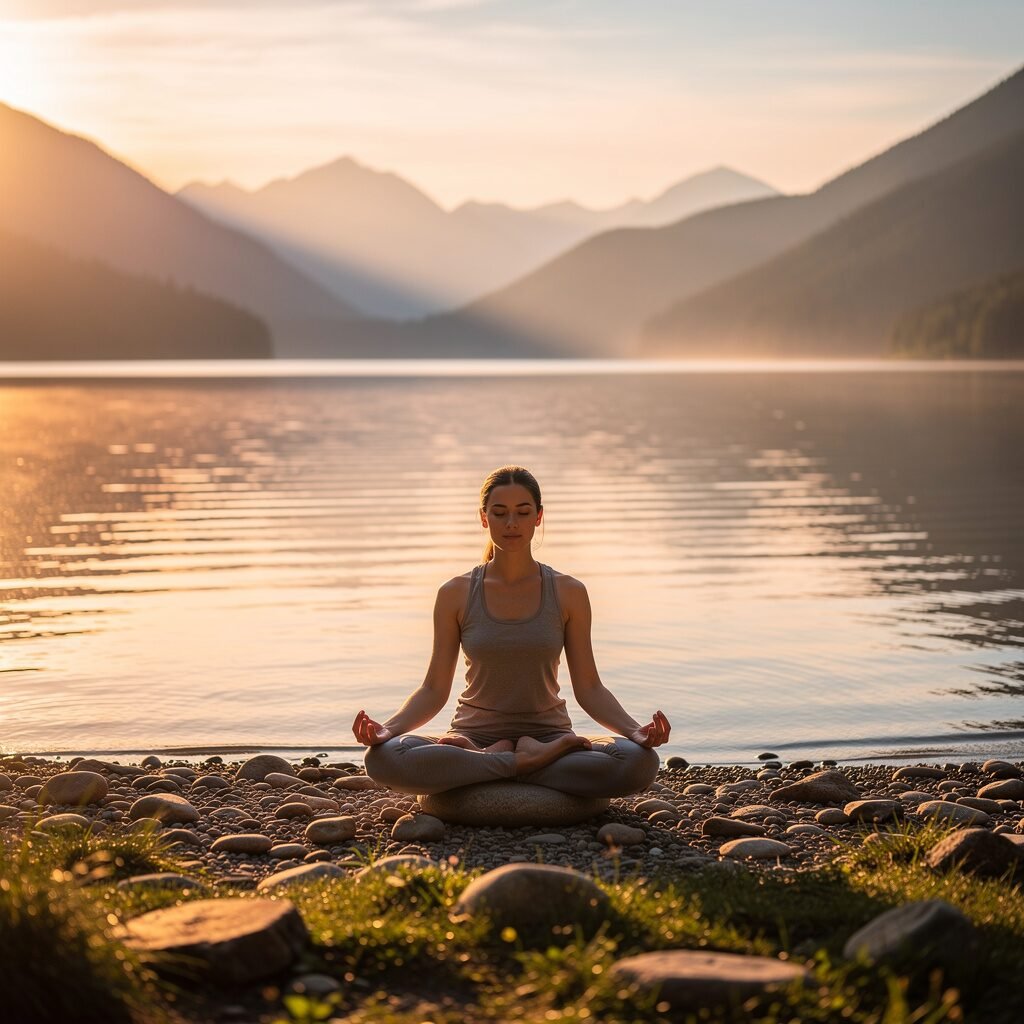 Person meditating by a calm lakeshore at sunset representing mindfulness skills taught in DBT for depression management