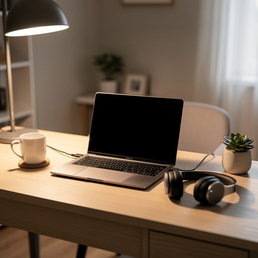 Organized home office desk with laptop, ethernet cable, headphones and coffee mug for teletherapy session