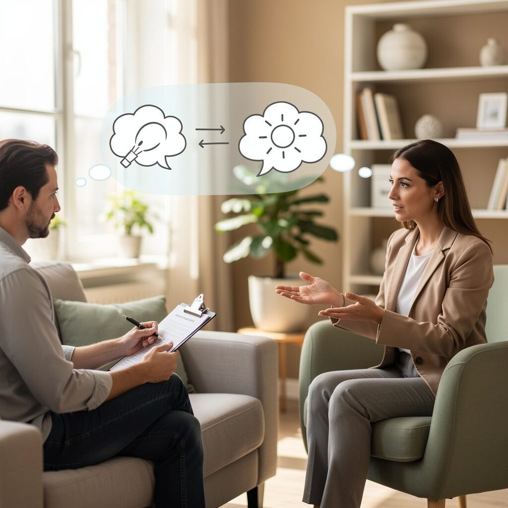 Therapist and client reviewing thought patterns in a bright CBT therapy session with illustrated thought bubbles