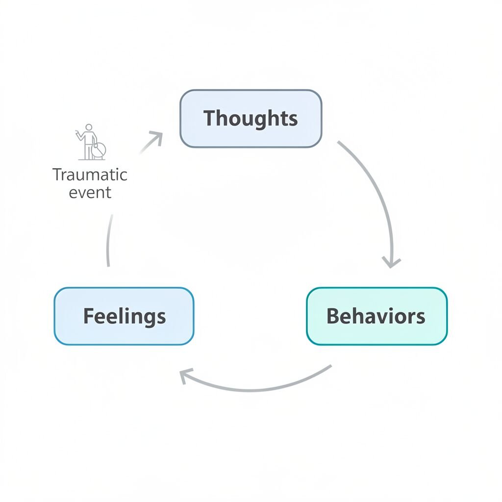 The cognitive triangle in CPT shows how traumatic events lead to thoughts, which influence feelings and behaviors in a repeating cycle