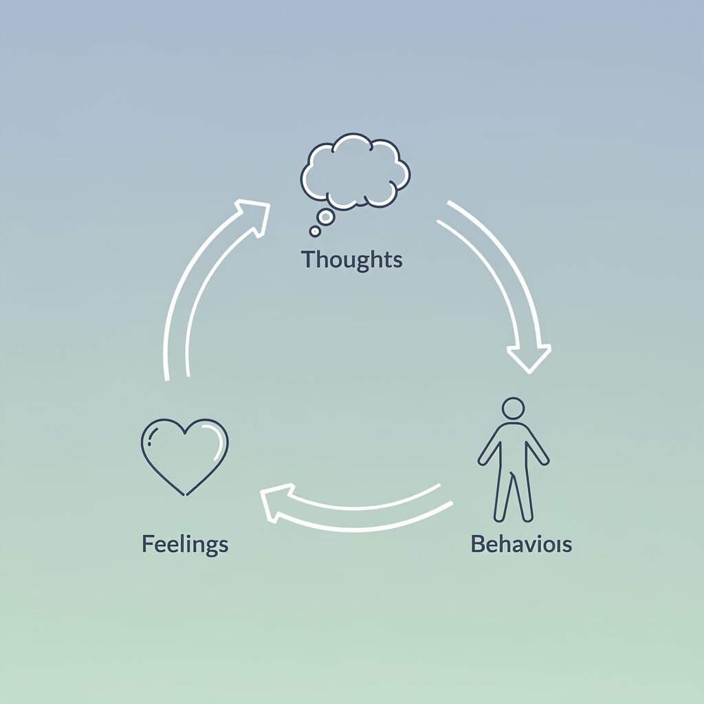 Diagram showing the CBT cognitive triangle connecting thoughts, feelings, and behaviors in a circular relationship