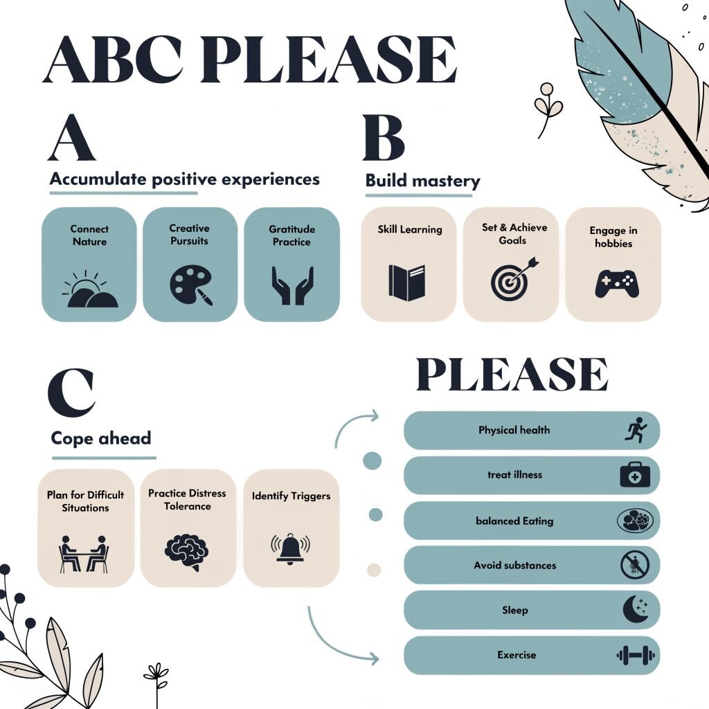 ABC PLEASE infographic showing the DBT emotional regulation skill framework for depression management with clear sections and icons
