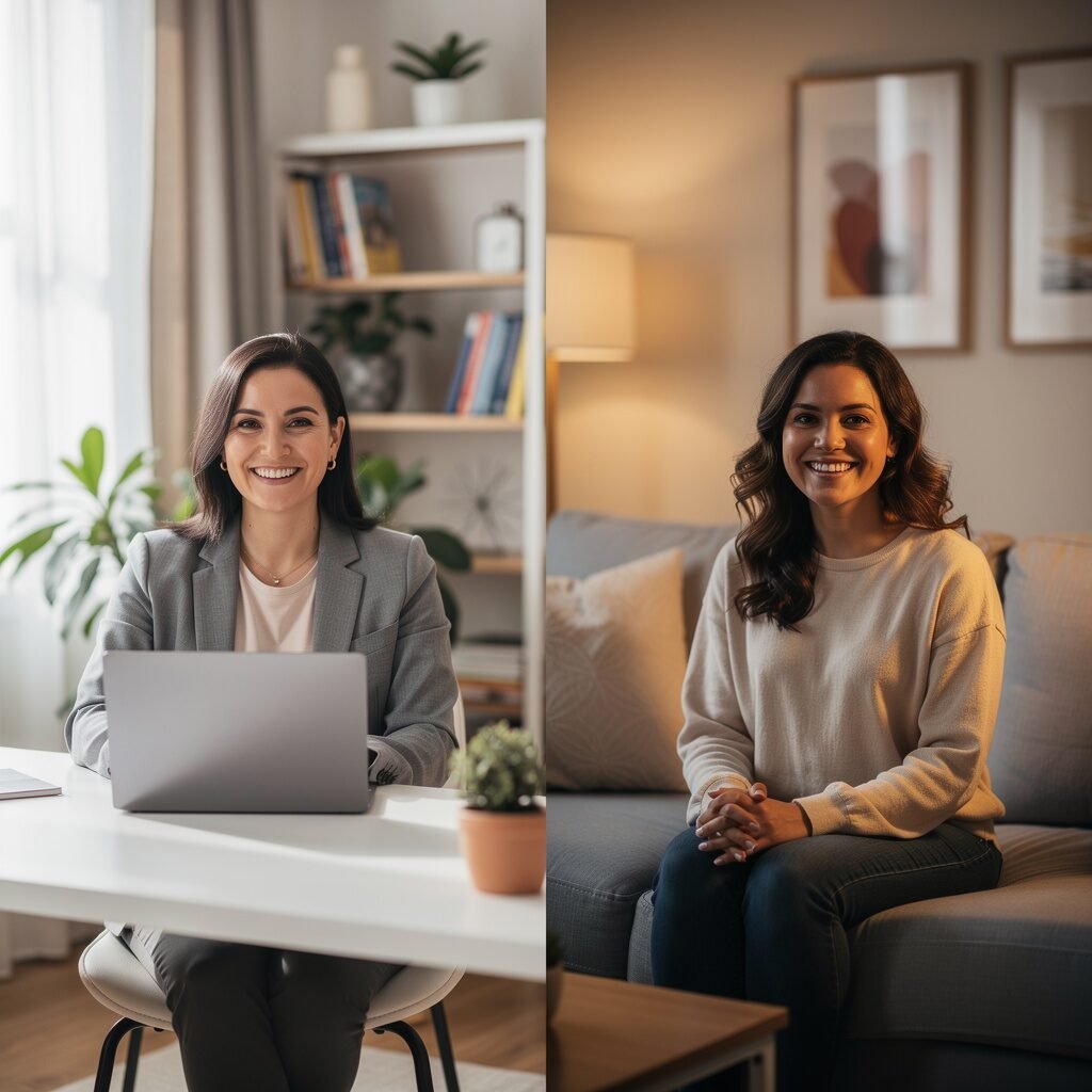 Split-screen video call showing a warm friendly therapist connecting with a client during a teletherapy session
