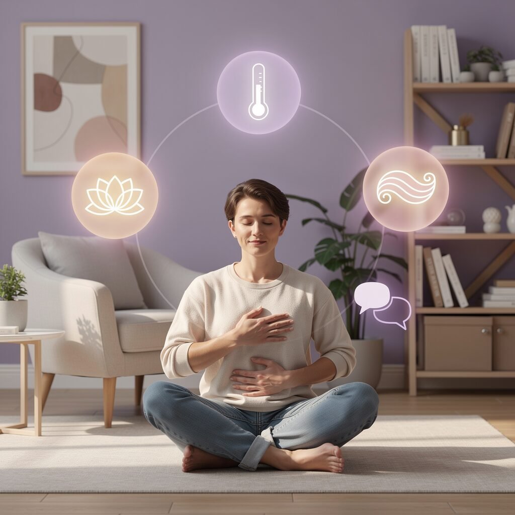 Person practicing DBT mindfulness with floating icons representing the four DBT skill modules in a calm therapy office