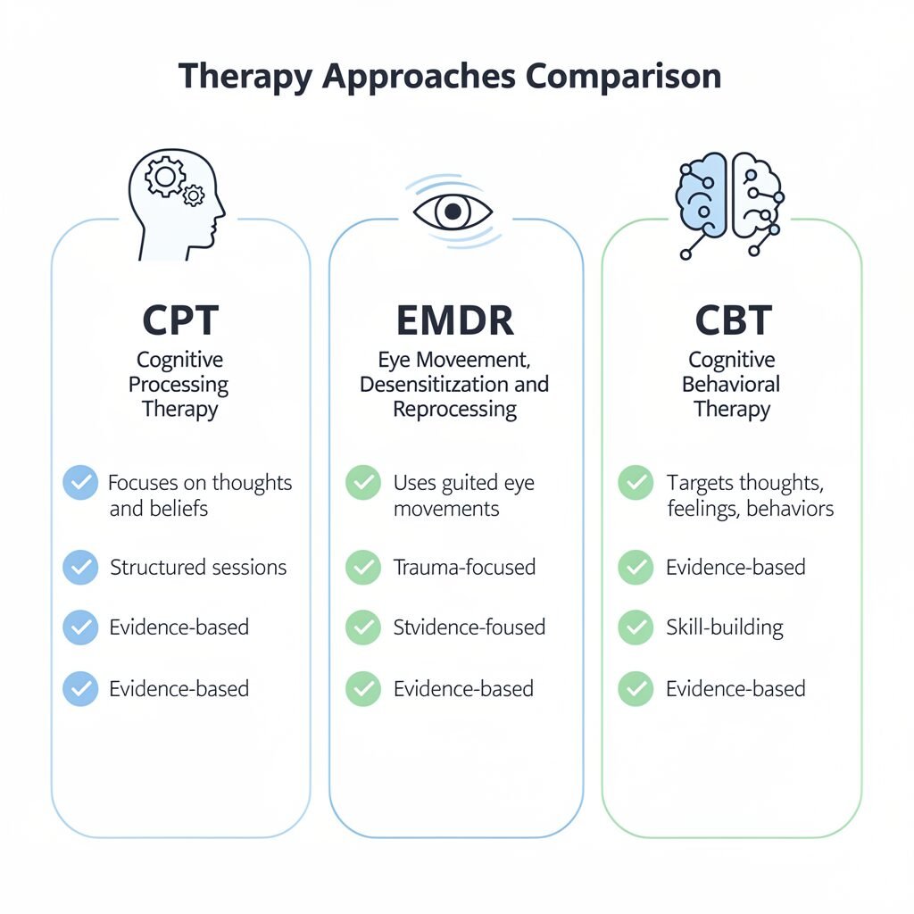 Comparison chart showing cognitive processing therapy vs EMDR vs cognitive behavioral therapy for trauma treatment