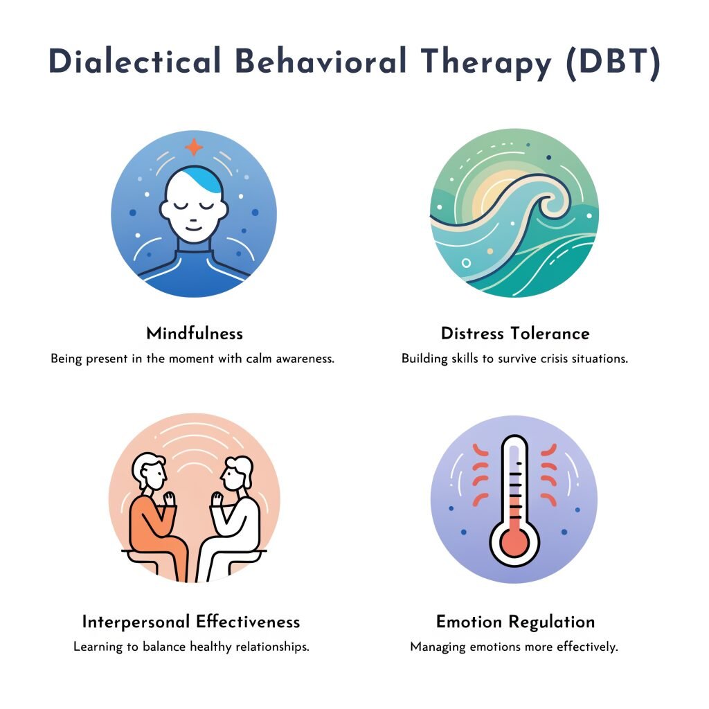 Four-quadrant infographic showing the core DBT skills: mindfulness, distress tolerance, interpersonal effectiveness, and emotion regulation