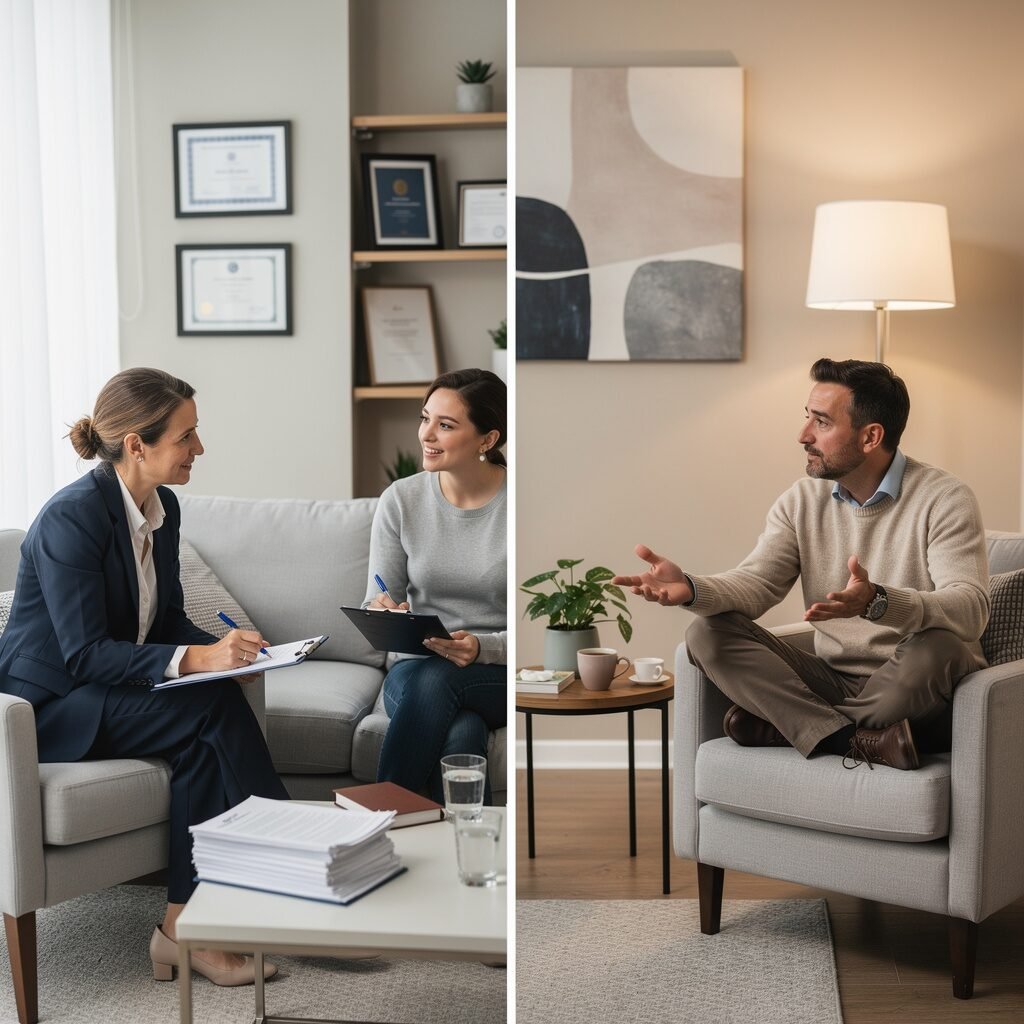 Split-scene comparison of structured CBT session versus open-ended talk therapy session