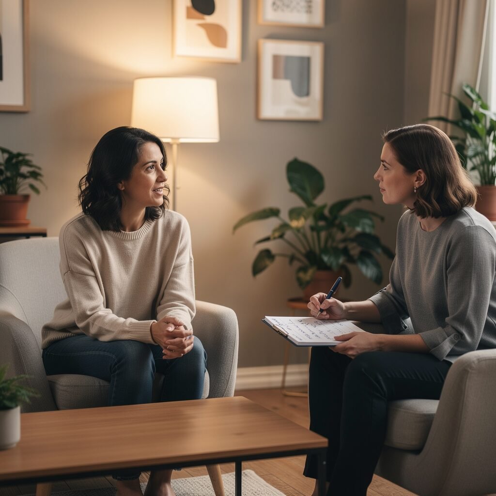 A person in a therapy session talking with a therapist who listens attentively, representing what happens during CBT sessions