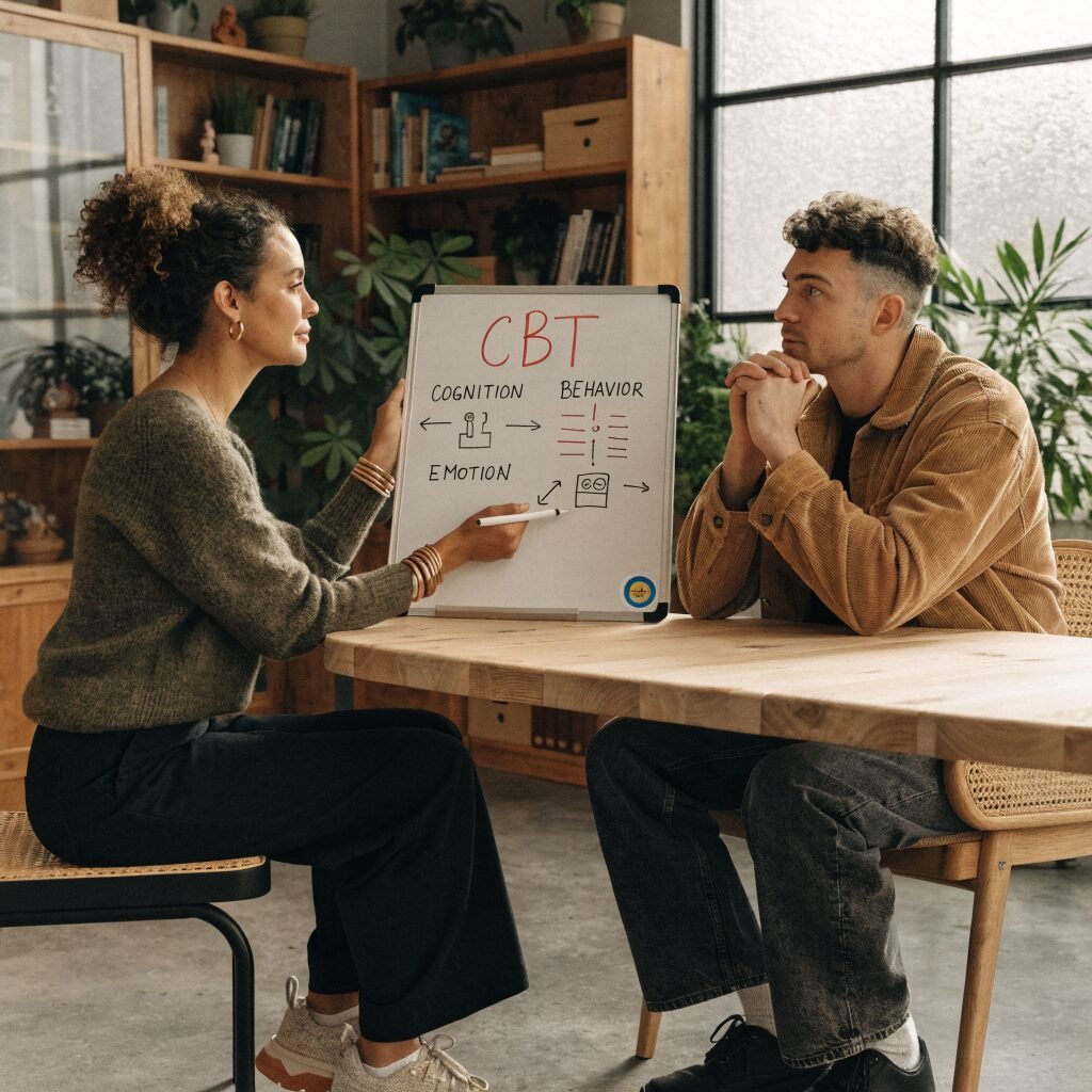 Therapist explaining CBT concepts on a whiteboard to an engaged client