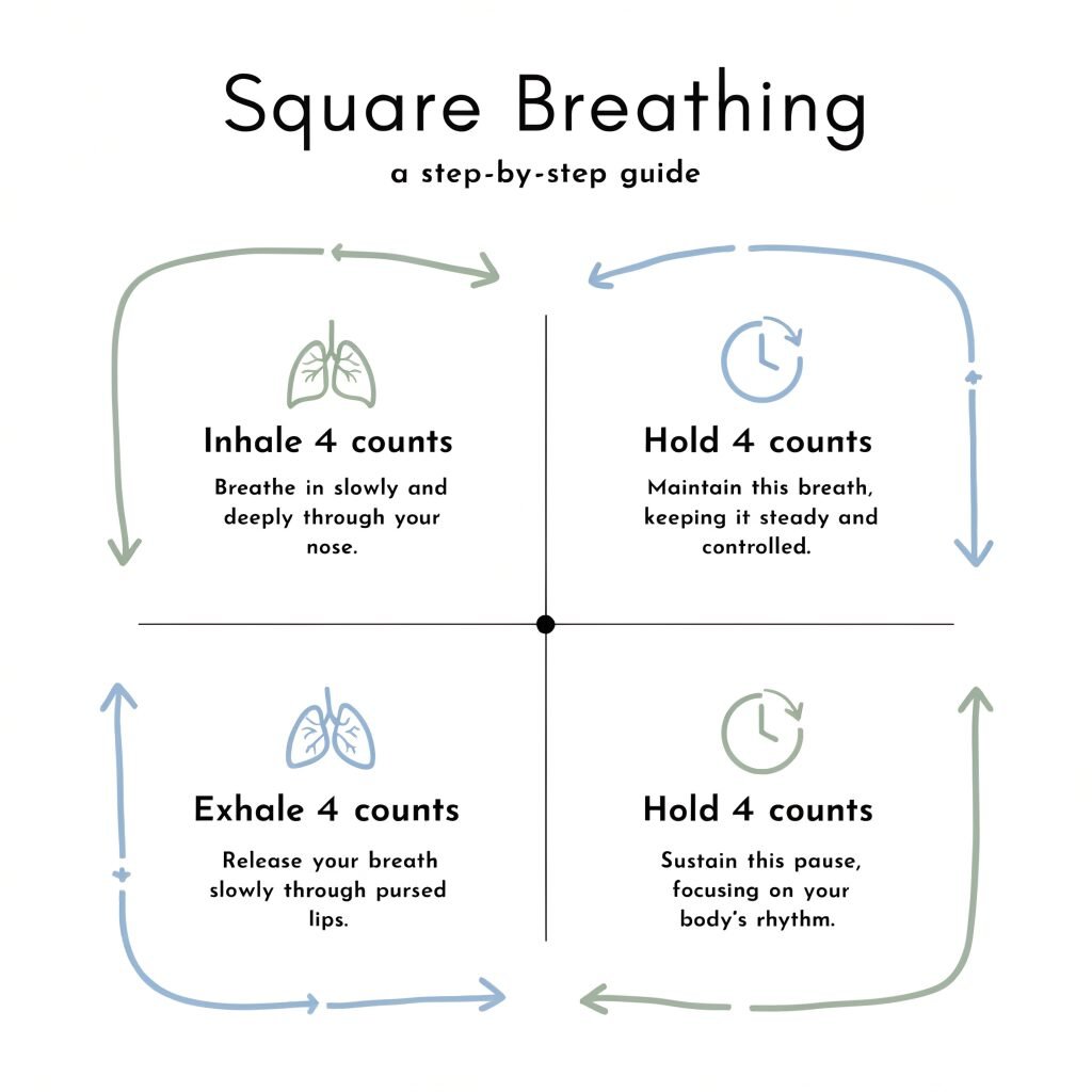 Step-by-step square breathing technique infographic for DBT distress tolerance skills showing inhale hold exhale hold cycle with clear instructions