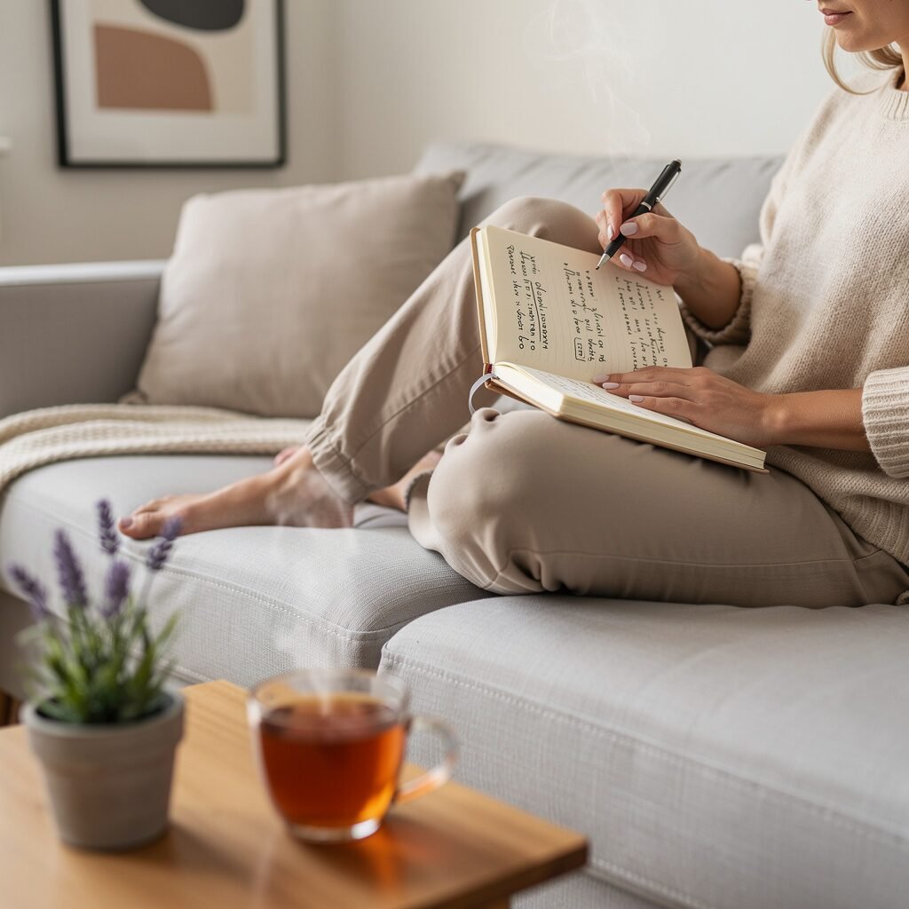 Person journaling thoughtfully on a couch in a calm space, representing CBT techniques for anxiety and depression