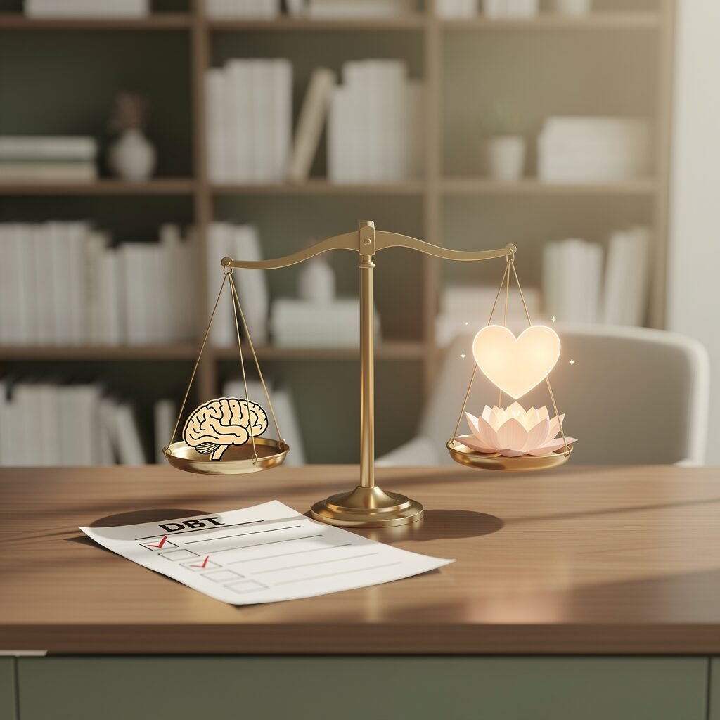 Balanced scale comparing CBT's cognitive approach with DBT's acceptance-based emotional approach in a professional setting