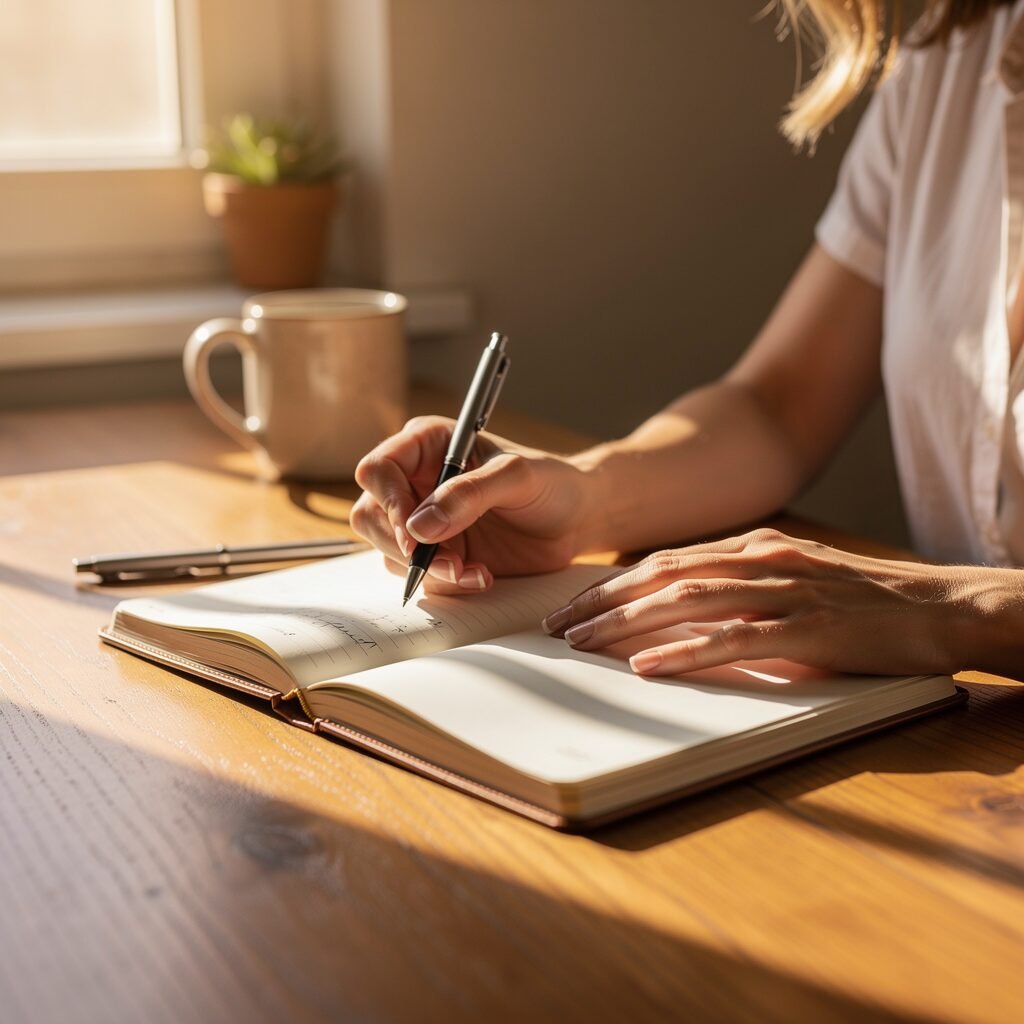 A person journaling in a sunlit room, reflecting on thoughts and feelings during cognitive processing therapy