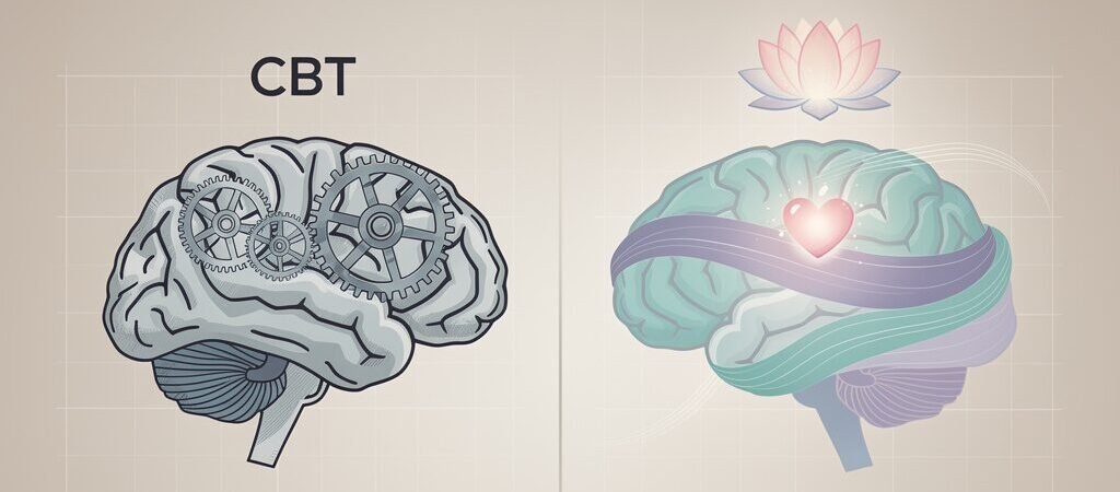 Side-by-side conceptual illustration comparing DBT (Dialectical Behavior Therapy) and CBT (Cognitive Behavioral Therapy) approaches