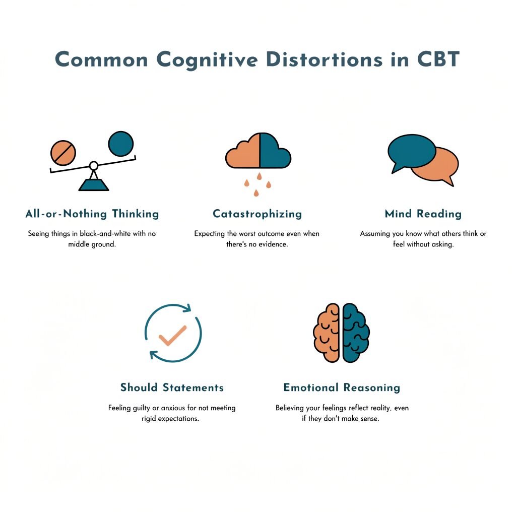 Common cognitive distortions in CBT including all-or-nothing thinking, catastrophizing, and mind reading