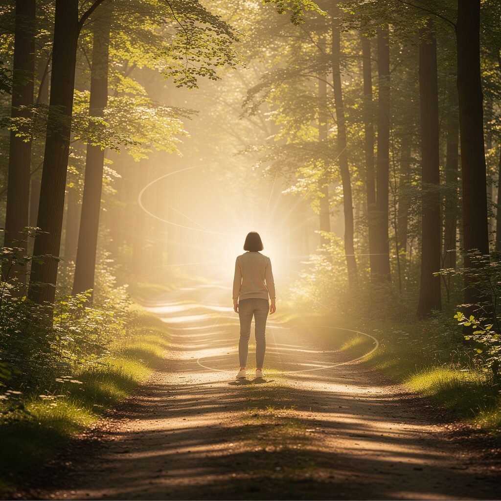 A person at the edge of a sunlit forest path, symbolizing personal growth and the lasting benefits of CBT therapy