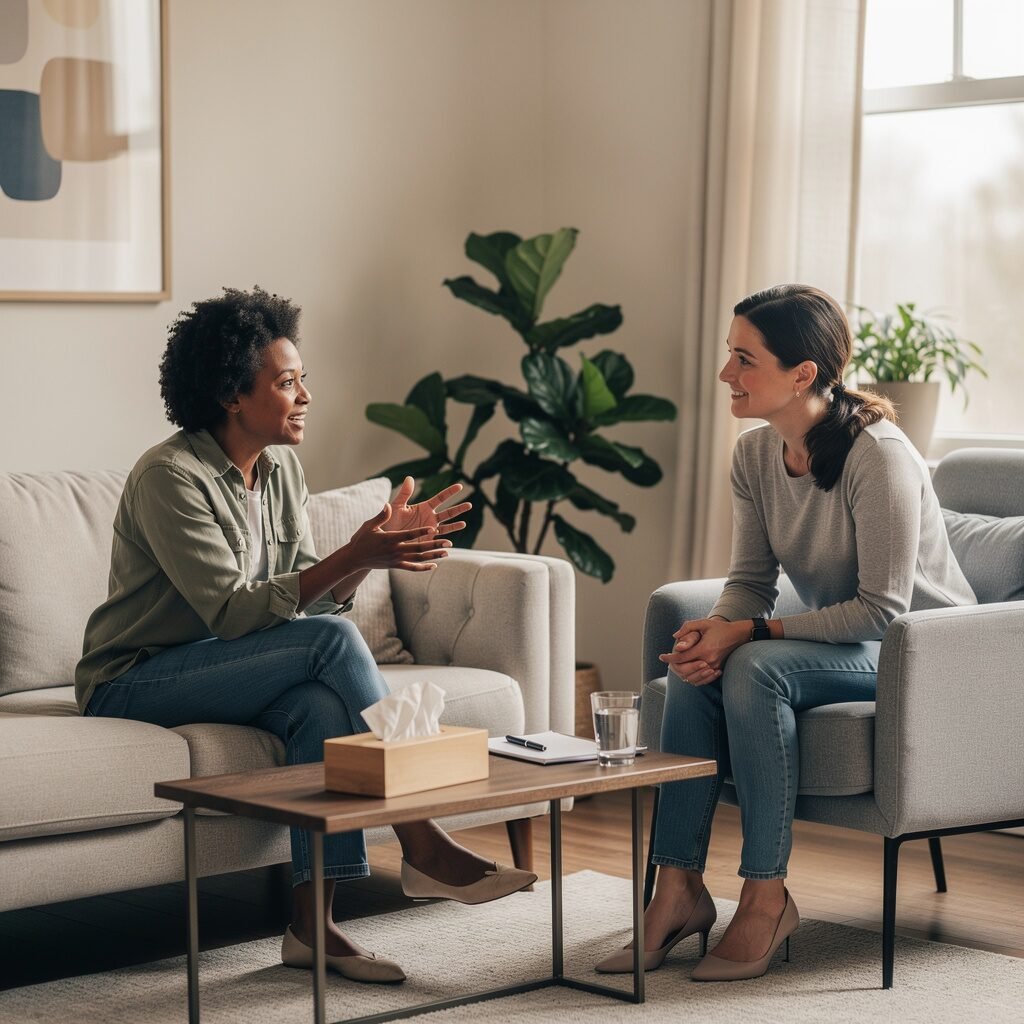 Warm therapy session showing client and therapist in a trusting conversation
