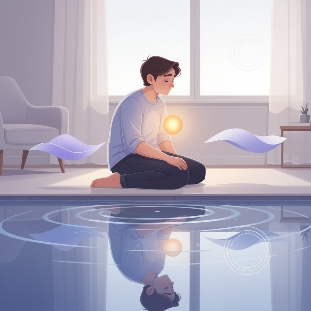 Person reflecting on emotional regulation and healing journey in a calm therapy-inspired setting with symbolic coping elements