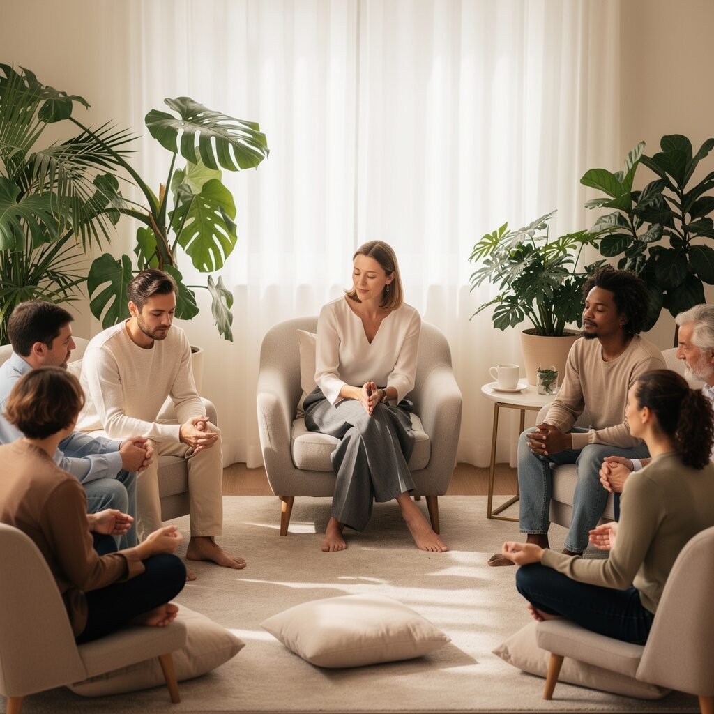 Diverse group therapy session showing people of different ages and backgrounds practicing DBT mindfulness techniques together