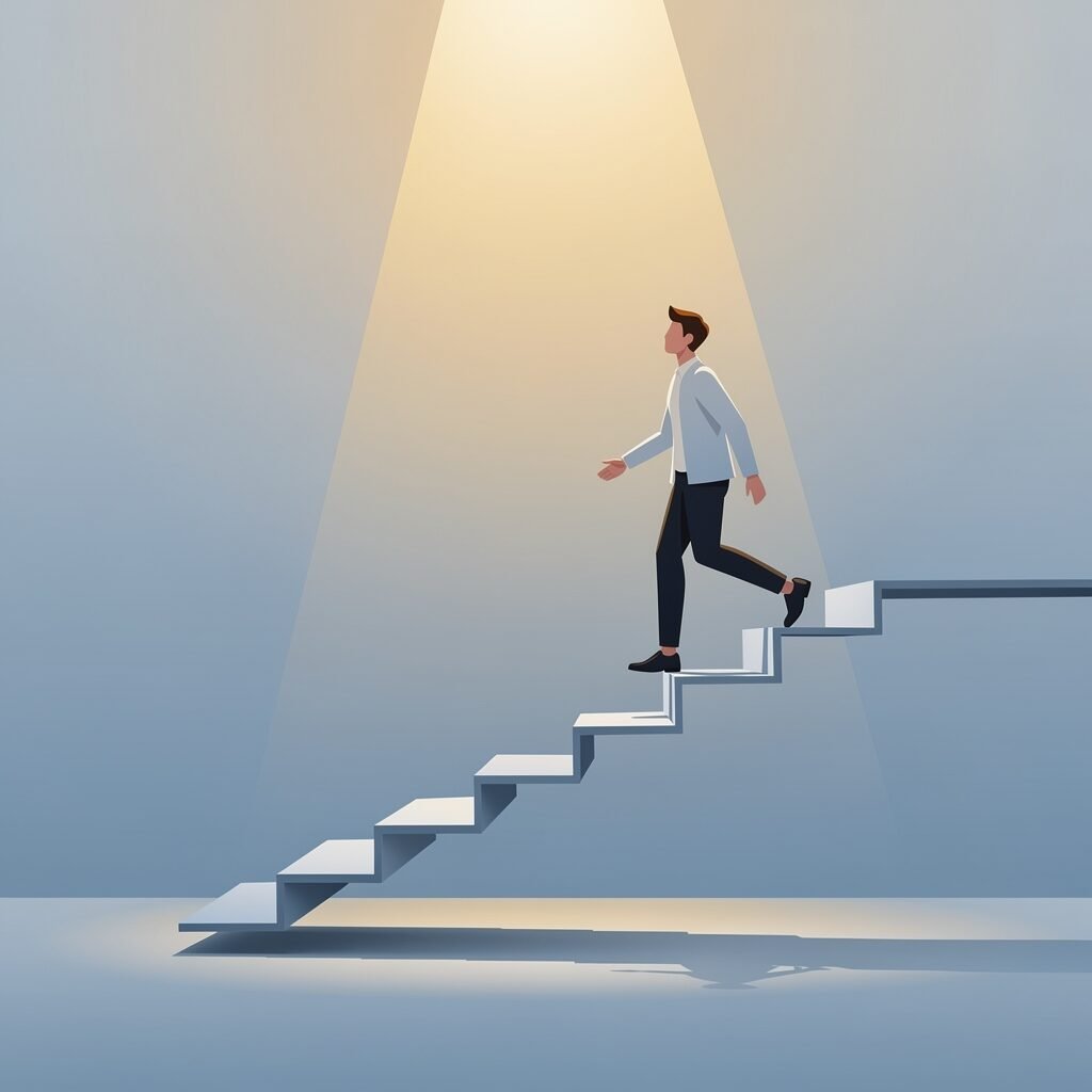 A person climbing stairs toward warm light, symbolizing taking the first courageous step toward CBT therapy and positive change