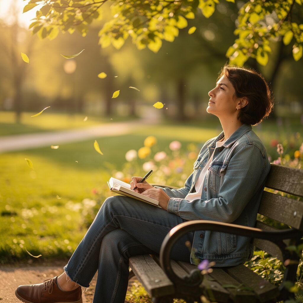 Person sitting peacefully in a park reflecting on personal growth from therapy