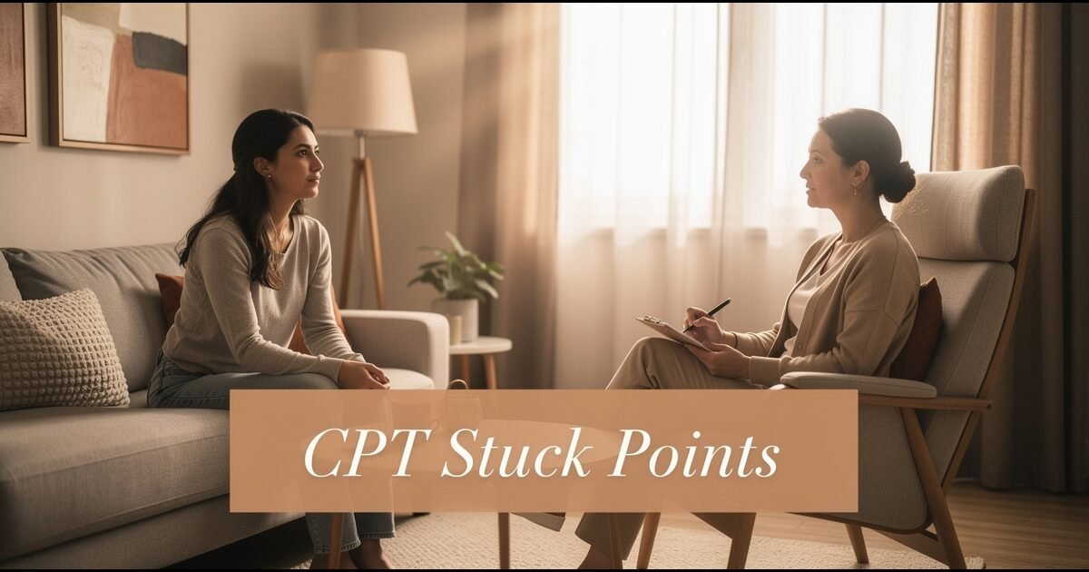 Understanding CPT stuck points in cognitive processing therapy - warm therapy office scene